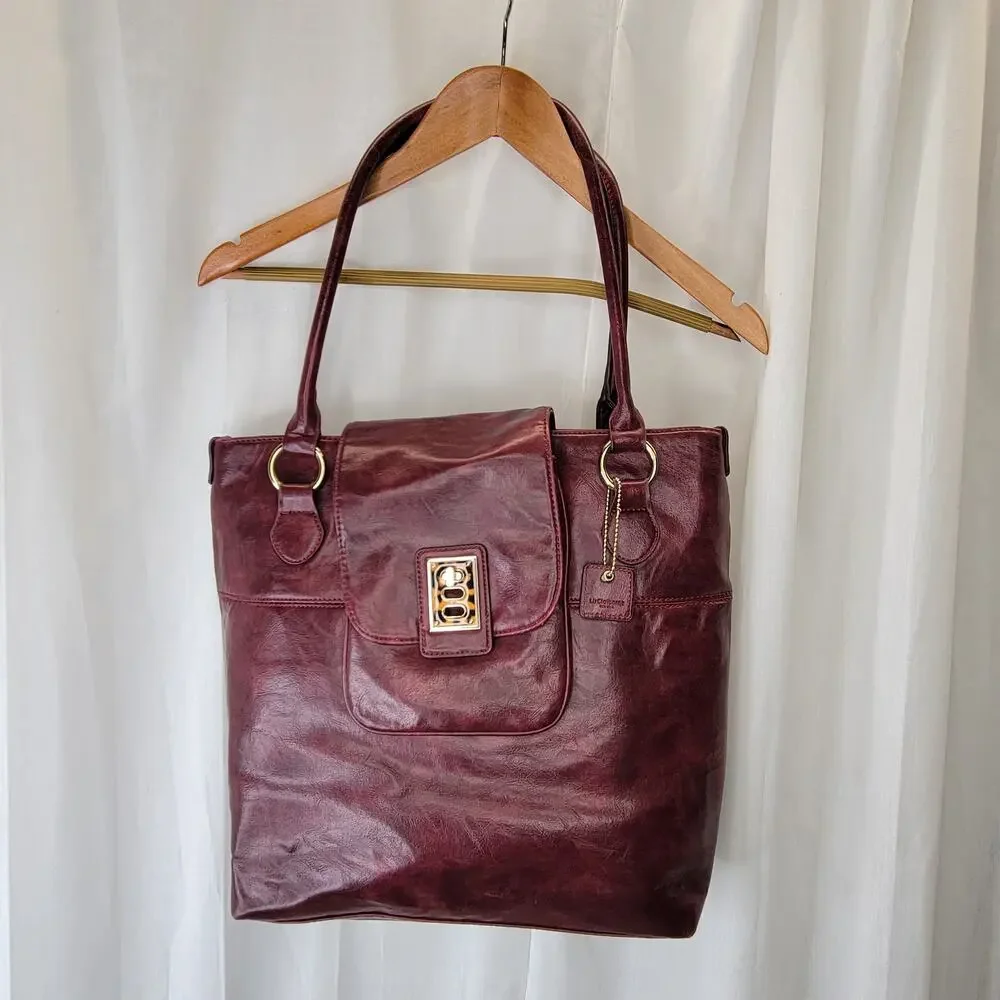 Liz Claiborne Dark Red Vegan Leather Oversized Tote w Tortoise and Gold Hardware